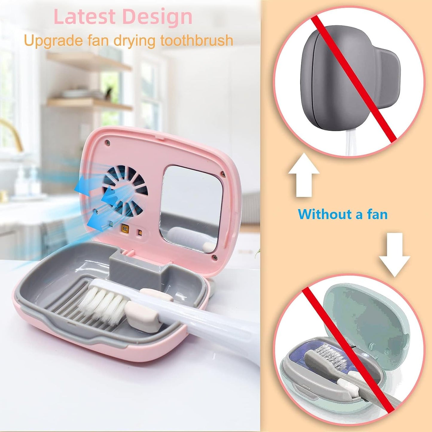 Mini Travel Toothbrush Cover with Air Drying Fan, Toothbrush Travel Case with Drying Lamp Rechargeable Portable Toothbrush Container Toothbrush Holder (Pink)