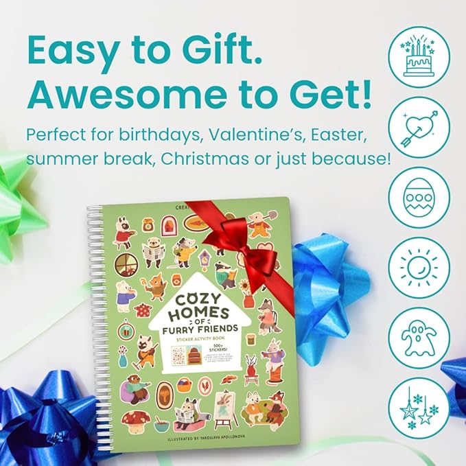 Cozy Homes of Furry Friends Sticker + Coloring Book (500+ Calendar Stickers for Kids & 12 Coloring Pages) Side by Side Activity Book, Fun Sticker Books, Boys & Girls Ages 2-4 4-8, 8-10