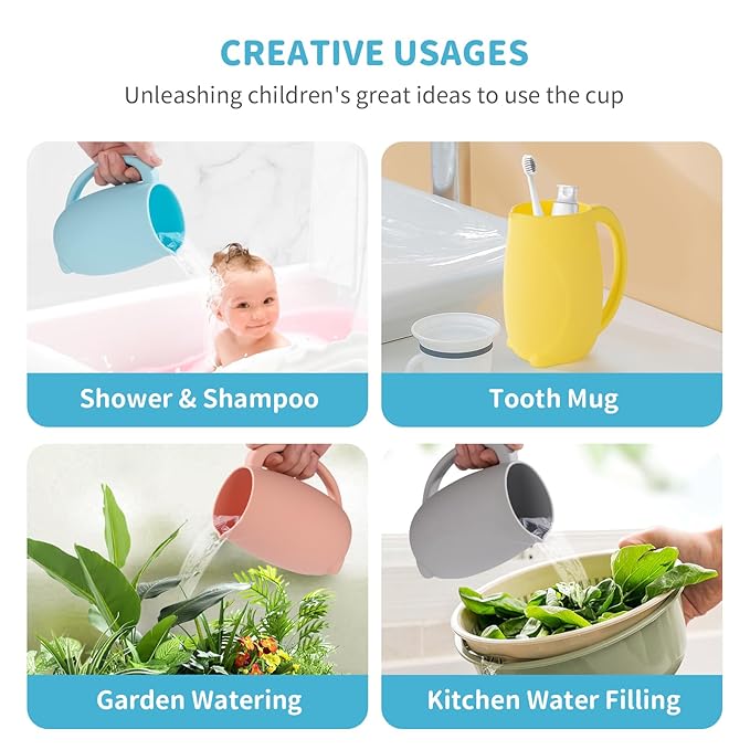 Baby Bath Rinse Cup - Children's Shampoo and Body Wash Rinse Cup with Easy Grip Handle for Rinsing Baby Shampoo and Soap - Food Grade Silicone - Penguin (Blue)