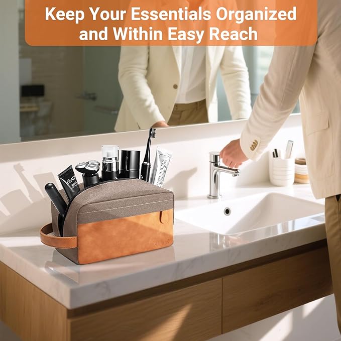 Elviros Travel Toiletry Bag for Men, Hanging Toiletries Bag Water Repellent Dopp Kit PU Leather Travel Bag for Toiletries Accessories, Khaki