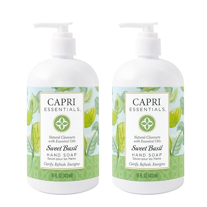 Capri Essentials Hand Soap Liquid, Natural Household Cleaning Supplies, Gentle Plant Based Aromatic Hand Wash with a Blend of Essential Oils, Removes Dirt & Grime, Sweet Basil Scent, 16 FL Oz (2 Pack)