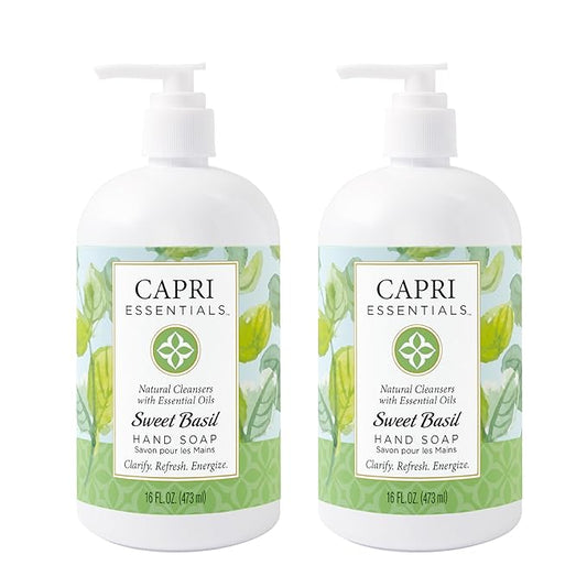 Capri Essentials Hand Soap Liquid, Natural Household Cleaning Supplies, Gentle Plant Based Aromatic Hand Wash with a Blend of Essential Oils, Removes Dirt & Grime, Sweet Basil Scent, 16 FL Oz (2 Pack)