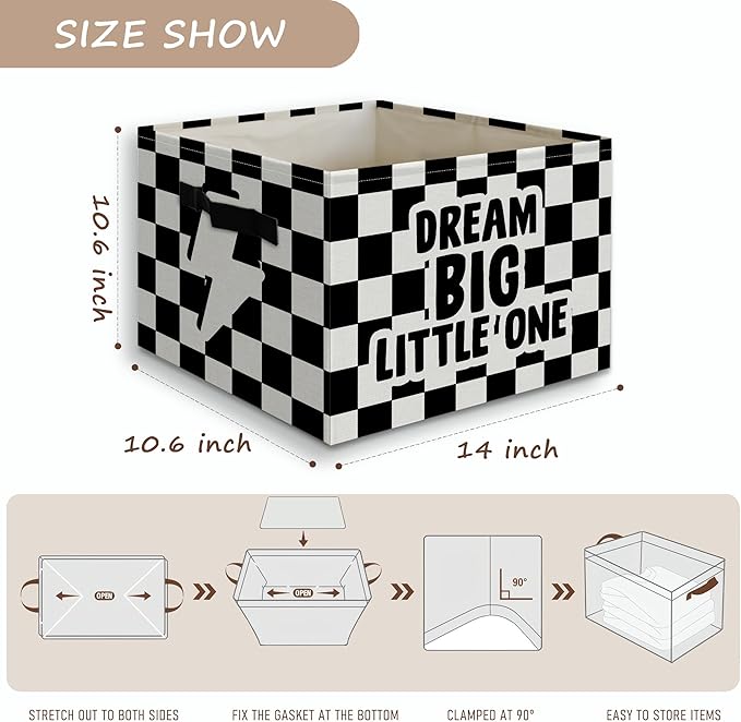 Dream Big Little One Boy Foldable Storage Bins Box with Handles, Black and White Checkered Collapsible Organizer Basket for Kids Boys Bedroom Bathroom Nursery Playroom Clothes Toys Books