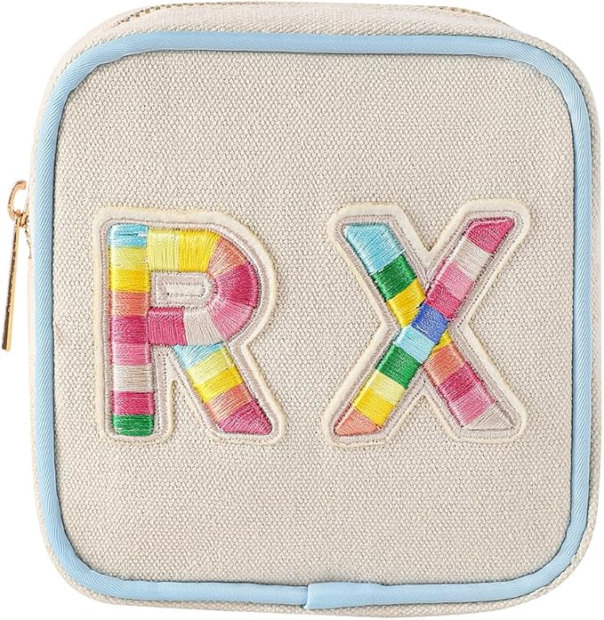 Small Canvas Rx Medicine Packages, Cute Chenille Letter Patch Drug Makeup Bag with Metal Zipper, Mini Travel First Aid Purse Organizer Machine Washable (03Blue-Rainbow)