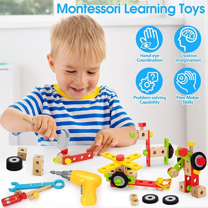 Kids Tool Set Toy with Drill, Stem Montessori Toys for 3 4 5 Years Old Boy Girl, 44 Pcs Wooden Toddler Tool Kits Inc Box, Learning Educational Construction Toy