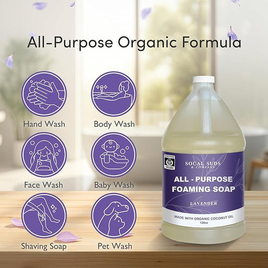 SoCal Suds & Company 128oz Certified Organic Foaming Hand & Body Wash - Gentle Natural Body,Baby & Face Wash for Sensitive Skin, Moisturizing Soap, Hand Soap and More - Lavender