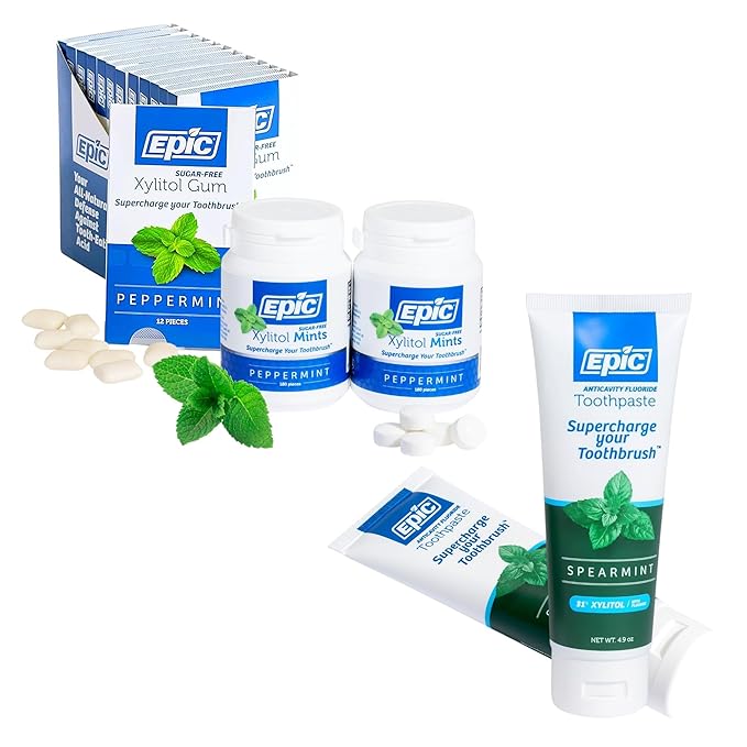 Epic Dental Sugar Free Oral Care Set – 144-Piece Peppermint Gum, 360 Peppermint Mints, 2 Tubes Spearmint Fluoride Toothpaste – Aspartame Free, Dentist Approved, Helps with Dry Mouth & Cavity Care
