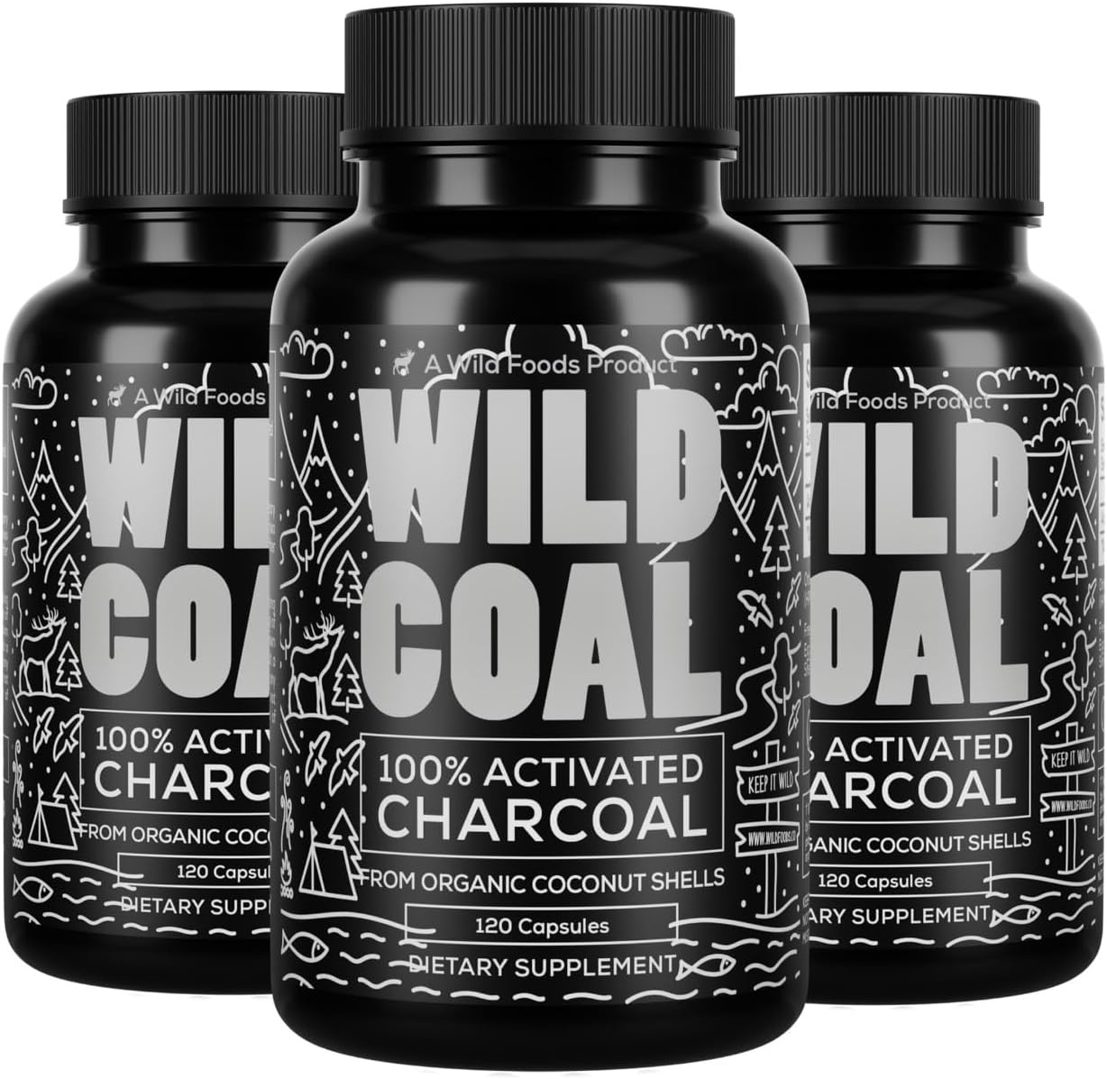 Wild Foods Activated Charcoal Capsules | 100% Organic Coconut Shells Active Tablets | Lab Tested & Non-GMO Detox Pills | USA (Three Bottles - 120 Capsules)
