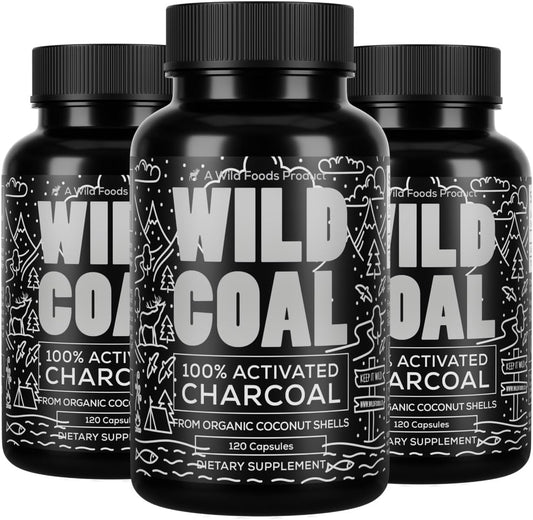 Wild Foods Activated Charcoal Capsules | 100% Organic Coconut Shells Active Tablets | Lab Tested & Non-GMO Detox Pills | USA (Three Bottles - 120 Capsules)