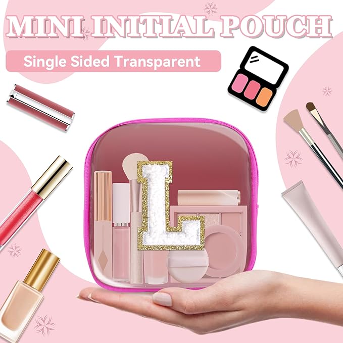 Mini Clear Personalized Initial Makeup Bag,Nylon Preppy A-Z Chenille Letter Patch Zipper Cosmetic Bag, Small Cute Beach Pouch Travel Purse Sanitary Napkin Storage Bag for Women Girls(Hot Pink-White L)