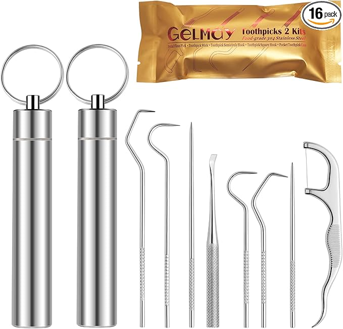 Toothpicks Pocket Set, Dental Floss Picks Kit Reusable, Stainless Steel Teeth Cleaning Tools, Tooth Picker Oral Hygiene Travel (2 Set)