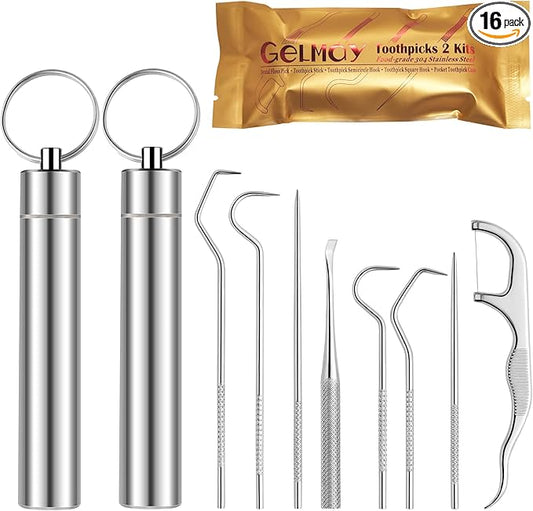 Toothpicks Pocket Set, Dental Floss Picks Kit Reusable, Stainless Steel Teeth Cleaning Tools, Tooth Picker Oral Hygiene Travel (2 Set)