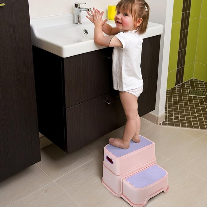 WELSPO 2 Step Stool for Kids, Toddler Step Stool for Bathroom, Kitchen, Bedroom, Living Room, Non-Slip Toddlers Toilet Potty Stool with Handles Baby Child Kid Plastic Poop Stools(Pink)