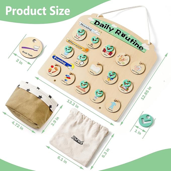 Wooden Visual Schedule for Kids 3-6 Year Old - Three Rows Hanging Daily Schedule Chart for Home & Classroom - Morning Bedtime Routine Chart Chore Reward Chart for Toddlers - Autism Learning Materials