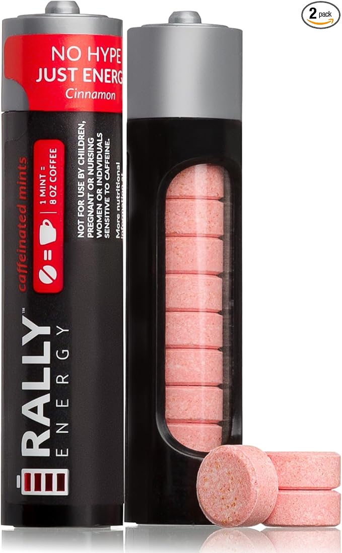 Caffeine Mints by Rally, 60milligram Caffeine, Instant Energy, Fresh Breath Caffeinated Mints, 0 Sugar, Cinnamon Flavor (2 Packs, 20 Mint)