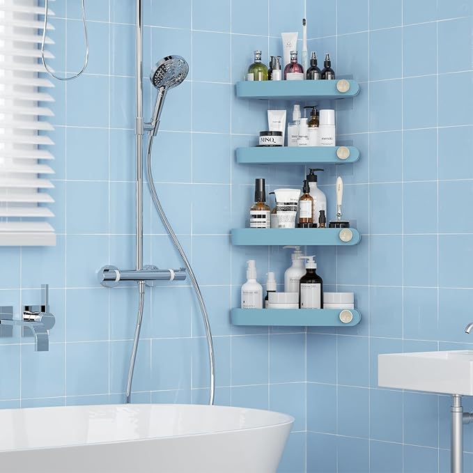 Sotfamily Shower Caddy Corner, 4 Pack Adhesive Corner Shower Shelves for Bathroom Organizers and Storage, Rust Free Plastic Rack for Bathroom Accessories & Decor, Light Blue
