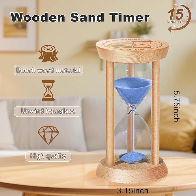 SuLiao Wooden Sand Timer 15 Minute Hourglass, Wood Blue Sand Clock, Small Watch 15 Min Timer, Hour Glass Sandglass for Home, Reloj De Arena, Office, Decorative, Game, Classroom