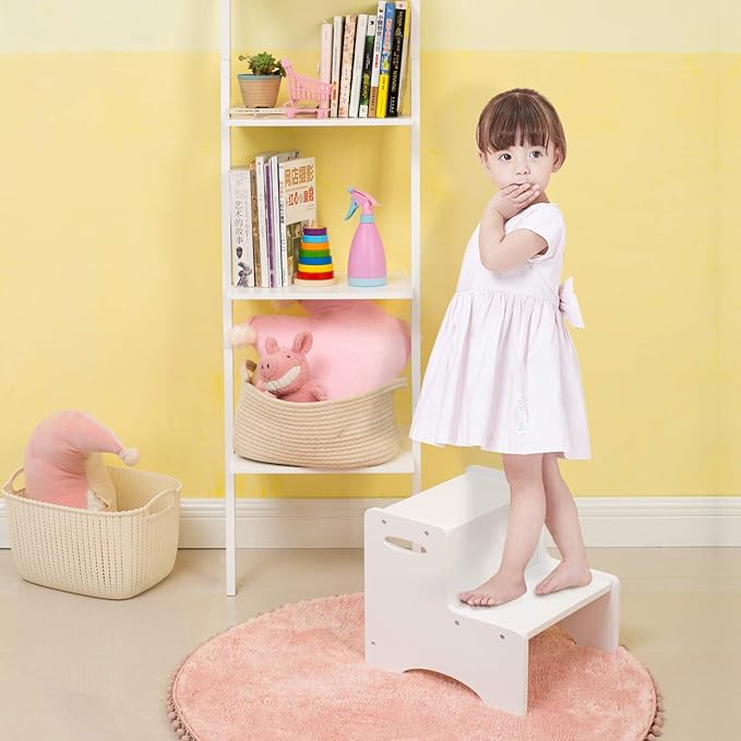 WOOD CITY Toddler Step Stool, Wooden 2 Step Stools for Bathroom Sink Potty Training Kitchen Dual Height Stool Helper for Kids Bonus Non-Slip Pads and Handles for Safety (White)