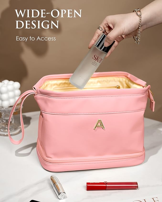 Bridesmaid Gifts for Women, Initial Makeup Bag, Personalized Double Layer Cosmetic Bag with Makeup Brush Organizer, Large Capacity PU Leather Travel Toiletry Bag, Personalized Teacher Gifts