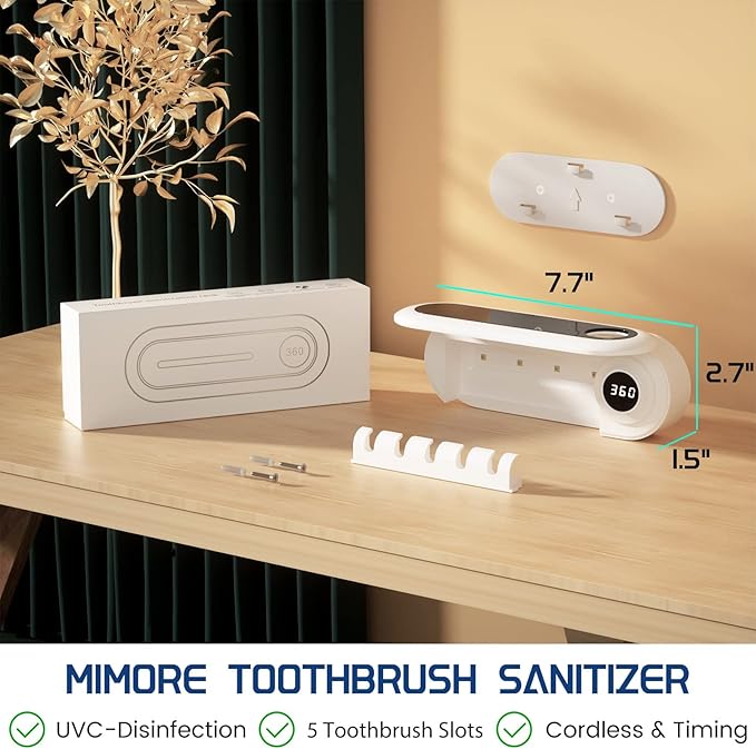 MIMORE Toothbrush Holder, 5 Toothbrush Slots & Timer Function, Cordless Wall Mounted Toothbrush Holders for Bathrooms