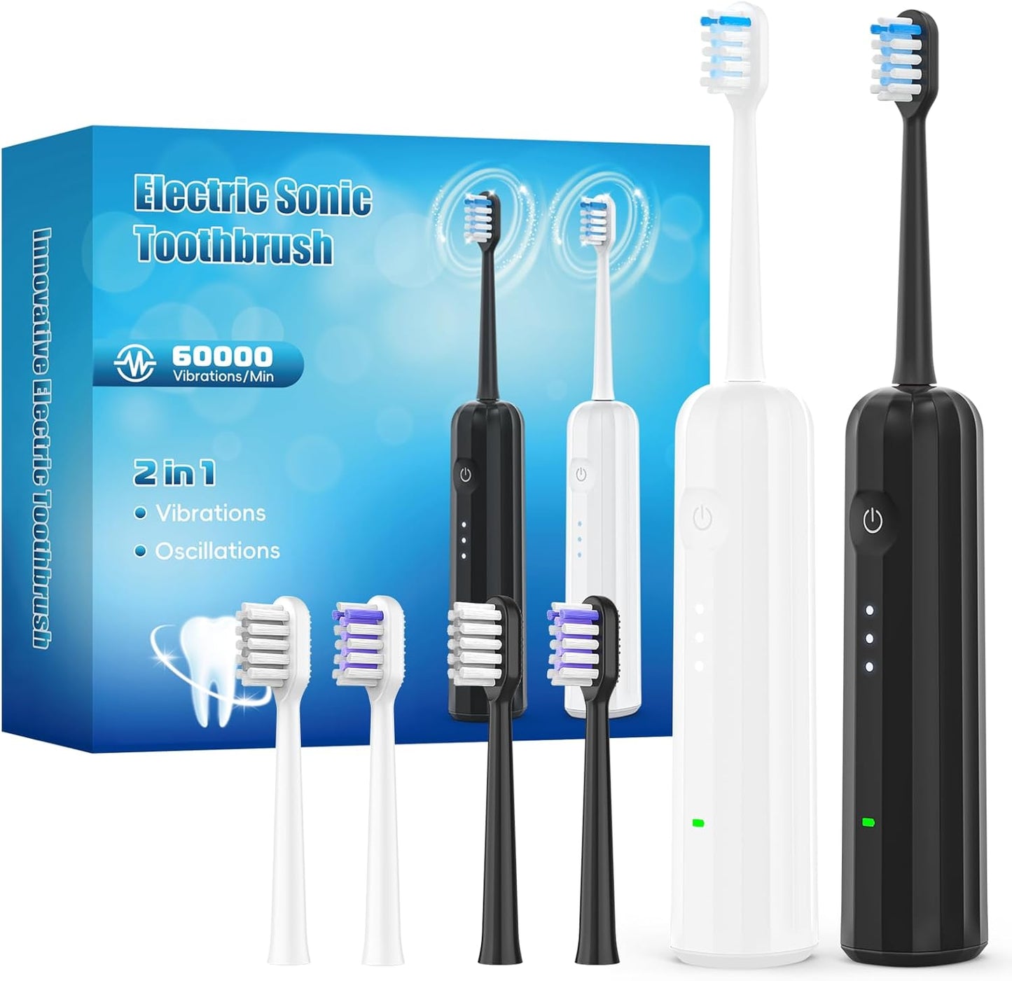 2025 New Sonic Electric Toothbrush for Adults - Vibration 60,000 VPM & 73° Oscillation Rechargeable Electric Toothbrush, 50+ Days Battery Life, 3 Modes, 2-Minute Timer, 3 Brush Heads, 2 Pack