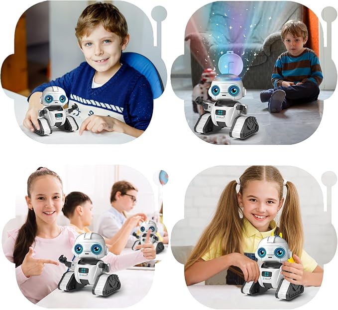Aikmi Robot Toys for Kids 5-7, Rechargeable Remote Control Robot with Projector Night Light for Kids, Gesture Sensor, Music, Toys for 6 Year Old Boys Girls Birthday Present Boy Toy (White)