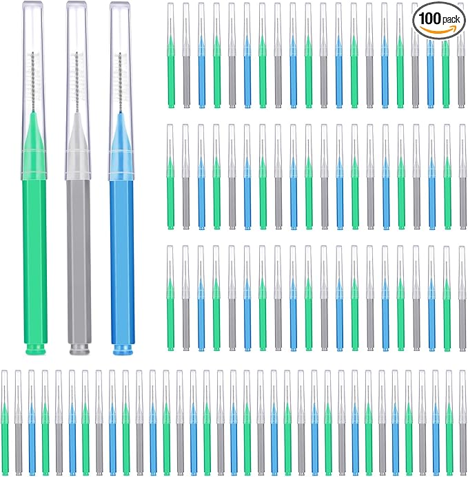 Patelai 100 Pieces Braces Brush for Cleaner Interdental Brush Toothpick Dental Tooth Flossing Head Oral Dental Hygiene Flosser Toothpick Cleaners Tooth Cleaning Tool(Blue, Grey, Green,Various Sizes)