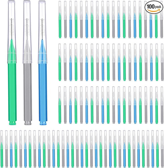 Patelai 100 Pieces Braces Brush for Cleaner Interdental Brush Toothpick Dental Tooth Flossing Head Oral Dental Hygiene Flosser Toothpick Cleaners Tooth Cleaning Tool(Blue, Grey, Green,Various Sizes)