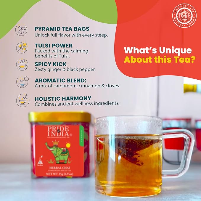 Pride Of India - Natural Herbal Chai (Comforting Spiced Tea), PACK of 6-15 Tea Bags Per Box