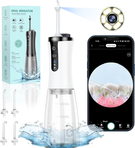Water Flosser with Camera for Teeth, VITCOCO Visual Water Dental Flosser with 12-Gear, Rechargeable Water Flosser with 3-Nozzle and IPX7 Waterproof for Android and iOS(White)