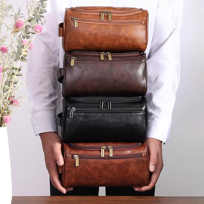 Toiletry Bag for Men, Hanging Travel Shaving Dopp Kit for Men and Women, Water-resistant Toiletries Organizer Bags, PU Leather Cosmetic Bags for Makeup Accessories (Dark Brown)