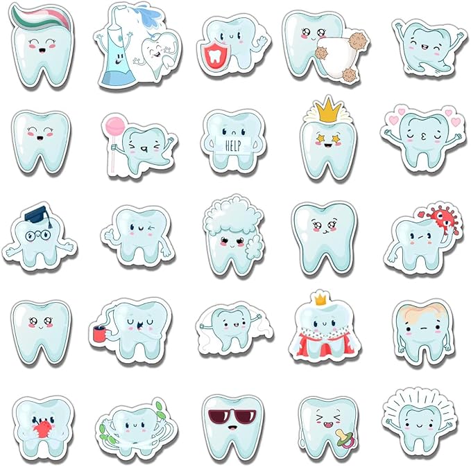 50 Pack Pcs Dental Tooth Stickers for Water Bottles Waterproof Vinyl Laptop Luggage Planner Scrapbooking Dentist Sticker Packs Teens Adults Boys Girls Kids Aesthetic Small Decals