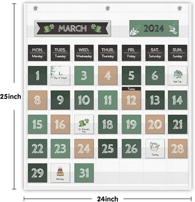 Eamay Boho Greenery Calendar Pocket Chart with 82 Cards for Kids Learning,Classroom and Home School Décor