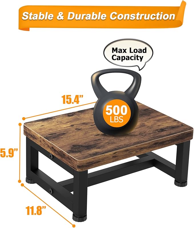 Wooden Step Stools for Adults Kids with Non-Slip Rubber Feet, Heavy Duty Stepping Stools with 500-LBS Capacity for Bedroom Kitchen Bathroom, Bed Steps for High Beds, Easy to Assemble, Rustic Brown