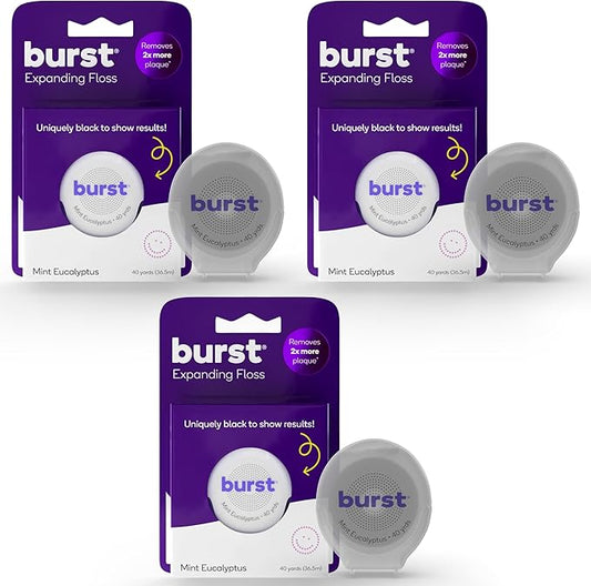 Burst Expanding Dental Floss (Mint Eucalyptus/120 Yards) | Stain Absorbing & Woven Tooth Floss with Xylitol Coating to Fight Cavities | Vegan | Paraben Free Expanding Floss