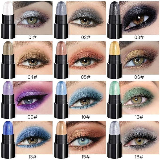 evpct 12Pcs Capsule Cream Eye Shadow Brightener Sticks Set for Eyes, Pearl White Smokey Black Gray Khaki Royal Blue Violet Purple Silver Shimmer Matte Pencil Eye shadow Applicator Stick Palette Makeup