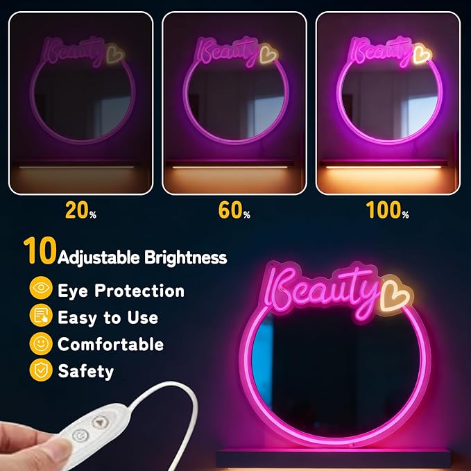 Pink Beauty Neon Sign Mirror, Dimmable Acrylic Circle Wall Decor with USB Power, Shatterproof Vanity Mirror for Girls Teens Room, Christmas Birthday Gift