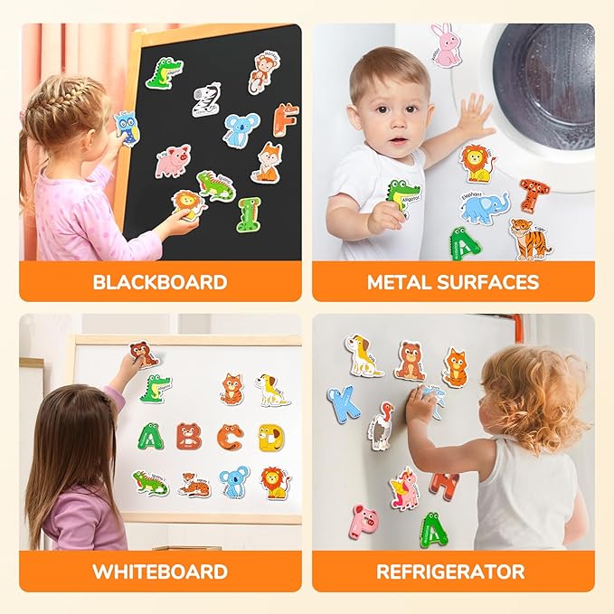 JoyCat Wooden Fridge Magnets for Kids – 26 Cute Animals & Uppercase Letters for Toddlers, Magnetic Alphabet Refrigerator Toys, Fun Educational Learning Gifts for Preschool 2 3 4 5 Years Old