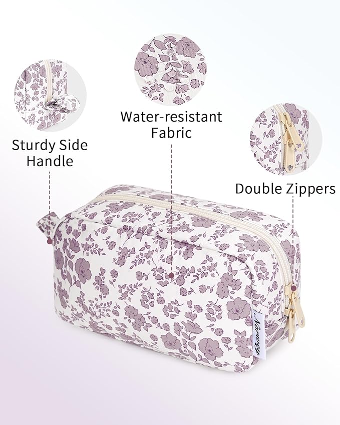 Narwey Small Makeup Bag for Purse Travel Makeup Pouch Mini Cosmetic Bag Zipper Pouch for Women (Little Dusty Pink Flower, Small)