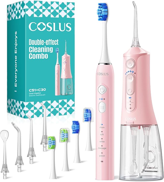 COSLUS Electric Toothbrush with Water Flosser Combo: Portable Oral Clean Kit for Teeth Brushing & Flossing, Multiple Modes for Multiple Users, Cordless for Home & Travel Use, Pink, C51C30