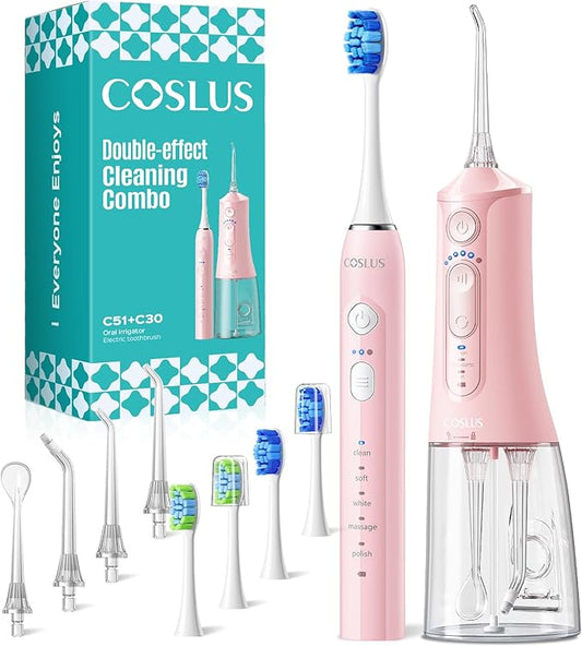 COSLUS Electric Toothbrush with Water Flosser Combo: Portable Oral Clean Kit for Teeth Brushing & Flossing, Multiple Modes for Multiple Users, Cordless for Home & Travel Use, Pink, C51C30