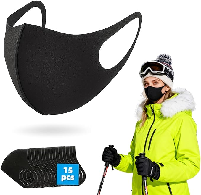 15PCS Reusable Face Mask, Black Face Masks Sponge Washable, Fabric Breathable, Skin-Friendly, Stylish and Versatile for Adult, Men and Women, Cloth Dust Protection for Outdoor, Travel, Sports