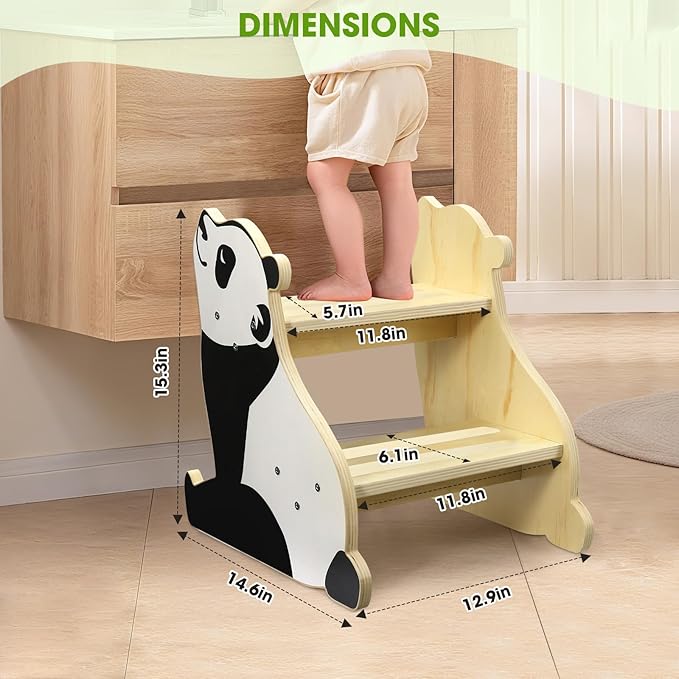 Toddler Step Stool, 2-Step Wooden Step Stool for Toddlers with Non-Slip Base, Cute Printed Design Potty Training Stool for Bathroom Sink, Kitchen & Bedroom (Panda)