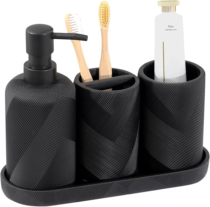 Bathroom Accessories Set, Bathroom Organizer Countertop, Soap Dispenser and Toothbrush Holder, Mouthwash Cup, Tray Set, Vanity Tray for Bathroom, 4 Pieces Modern Decor (Matte Black)