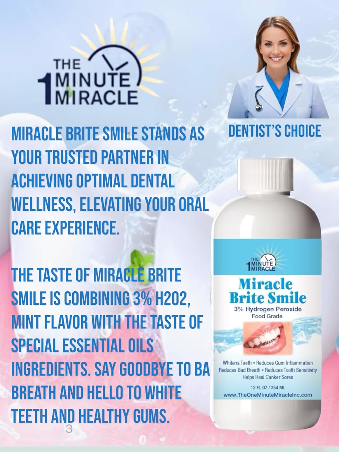 MIRACLE WASH AND MIRACLE BRITE SMILE - 3% Food Grade Hydrogen Peroxide