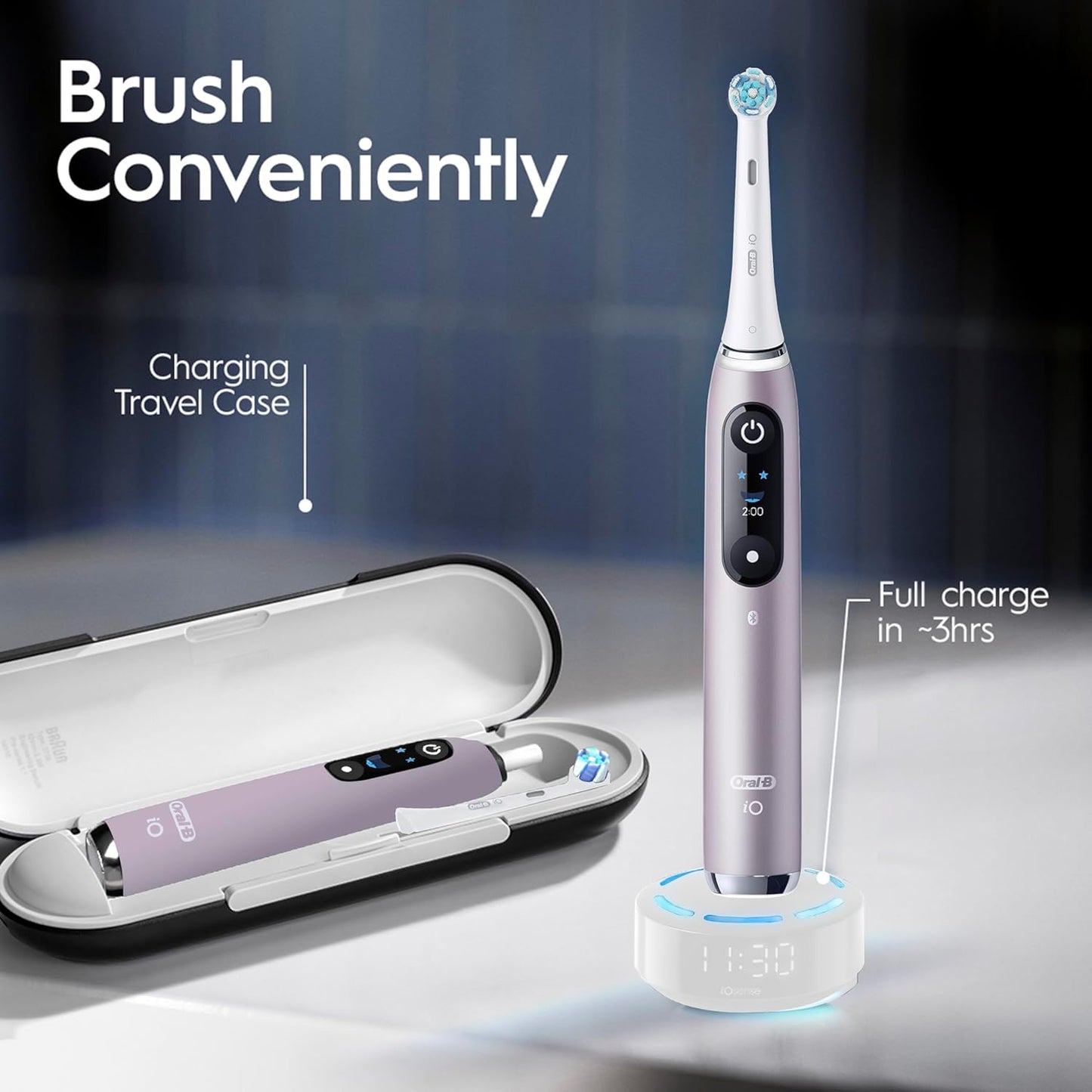 Oral-B iO Series 9 Limited Rechargeable Rose Quartz Electric Toothbrush with (2) Ultimate Clean and (1) Gentle Care Replacement Brush Heads, White, Travel Case-White and Charger