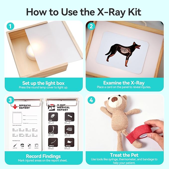 Doctor Kit for Toddlers 3-5, Pet Vet Pretend Play Toys for Kids, with X-Ray, Wooden Light Box, Medical Tools, STEM Educational Montessori Toys