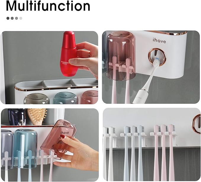 iHave Toothbrush Holders Bathroom Accessories with Toothpaste Dispenser, 3 Cups Toothbrush Holder Wall Mounted Bathroom Decor