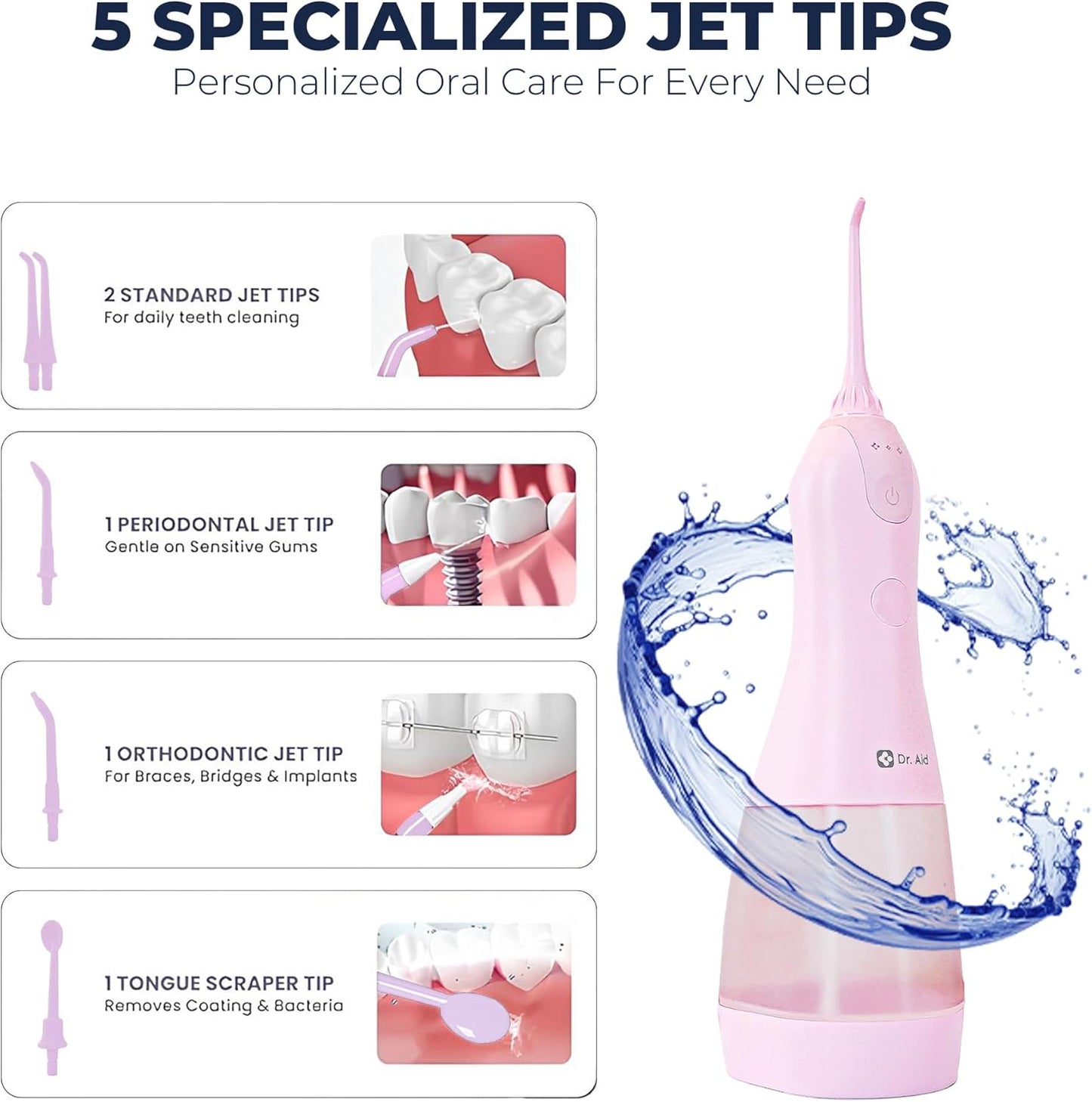 Dr. Aid Dental Water Flosser – Portable Oral Irrigator – 11Oz Tank, Water Filter, 5 Tips, Magnetic Charger – IPX8 Waterproof Cordless Water Flosser, Ideal Water Flossers for Teeth, Gums (Pink)