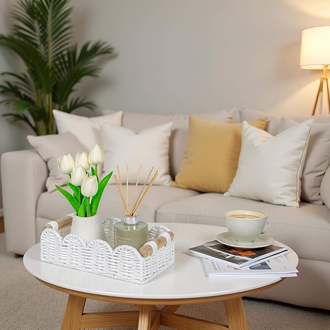 CubesLand Scalloped Edge Decor Basket for Living Room, Home, Bathroom, 2SAME SIZE Paper Rope Basket, Toilet Storage Baskets for Over Toilet Storage Shelf, Cozy Woven Baskets Both Storage&Decor, White